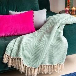 Large Aqua Herringbone Throw (225 Cm X 150 Cm)