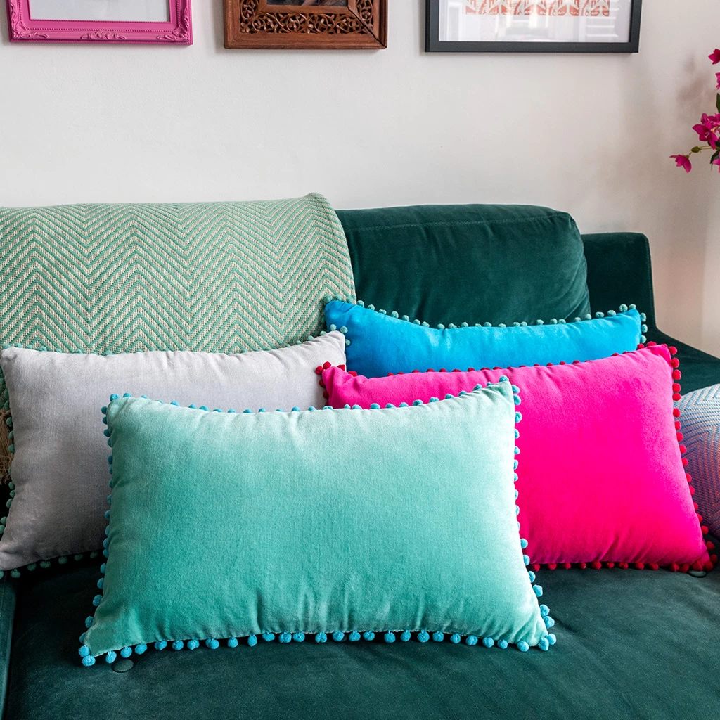 Pink Velvet Pom Pom Cushion - Image 4