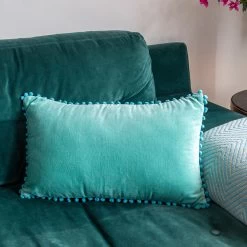 Aqua Velvet Pom Pom Cushion