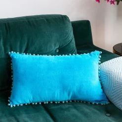 Blue Velvet Pom Pom Cushion